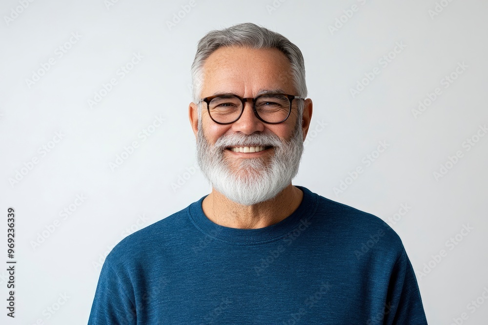 Obraz premium Happy mature old bearded man with dental smile, cool mid aged gray haired older senior hipster wearing blue sweatshirt standing isolated on white background looking at camera, with generative ai