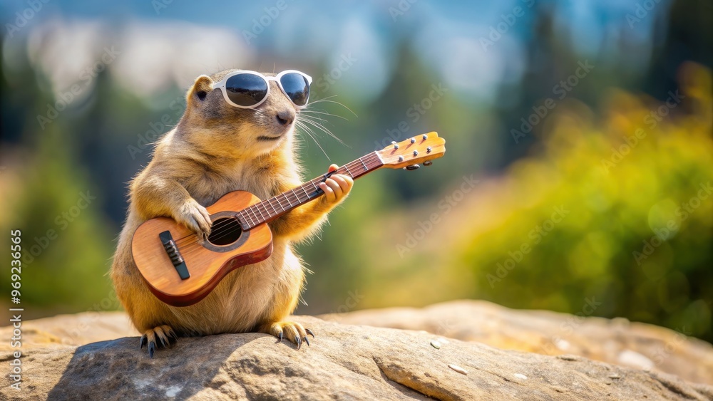 Prairie dog wearing sunglasses and playing guitar on a rock, prairie dog, animal, rockstar, sunglasses, guitar, music, performance Prairie dog wearing sunglasses and playing guitar on a rock, prairie dog, animal, rockstar, sunglasses, guitar, music, performance
