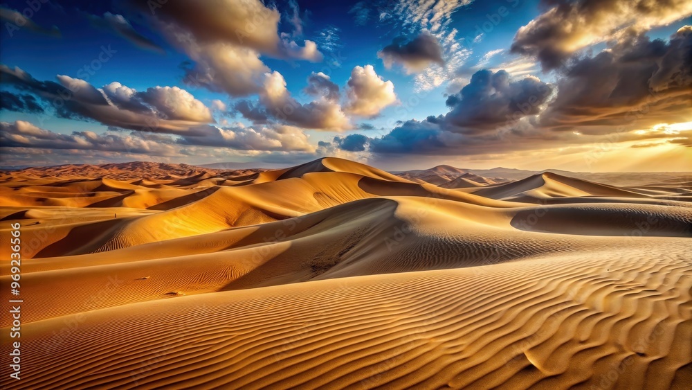 Naklejka premium Mesmerizing view of massive desert sand dunes, desert, sand, dunes, arid, landscape, nature, travel, sandy, waves, scenic