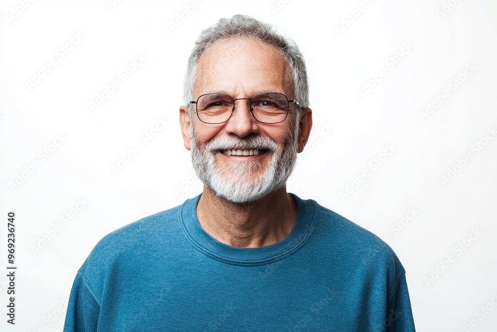 Happy mature old bearded man with dental smile, cool mid aged gray haired older senior hipster wearing blue sweatshirt standing isolated on white background looking at camera, with generative ai