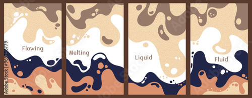 Melting dynamic waves pattern summer covers. Bubble splashes and streams vector pack box covers. Fluid liquid flowing paint patterns. Wavy surface posters. Liquid droplets, melting shapes