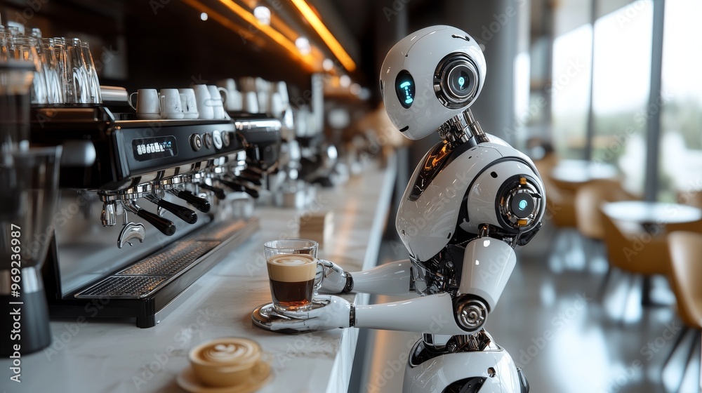 Futuristic AI-driven robotic baristas making complex coffee drinks: An AI-powered robot serving a perfectly made coffee in a modern cafe. Futuristic AI-driven robotic baristas making complex coffee drinks: An AI-powered robot serving a perfectly made coffee in a modern cafe.