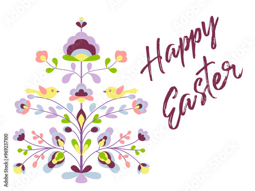 Happy Easter card,  spring tree with birds 