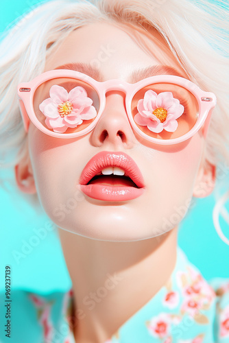 A woman wears floral sunglasses, with blossoms filling the lenses, creating a vibrant and artistic fashion statement. A playful combination of beauty and nature.