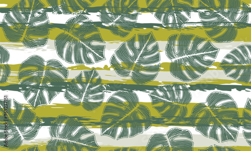 Monstera striped foliage floral repeat pattern over stripes background. Grung...