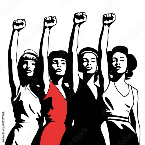 Four women with their four raised fists up. Poster for international women's day or day of struggle to eliminate violence against women. Vector in retro pop art style