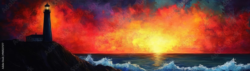 A silhouette of a lighthouse standing tall on a rocky cliff, with waves crashing below and the sky ablaze with color A silhouette of a lighthouse standing tall on a rocky cliff, with waves crashing below and the sky ablaze with color