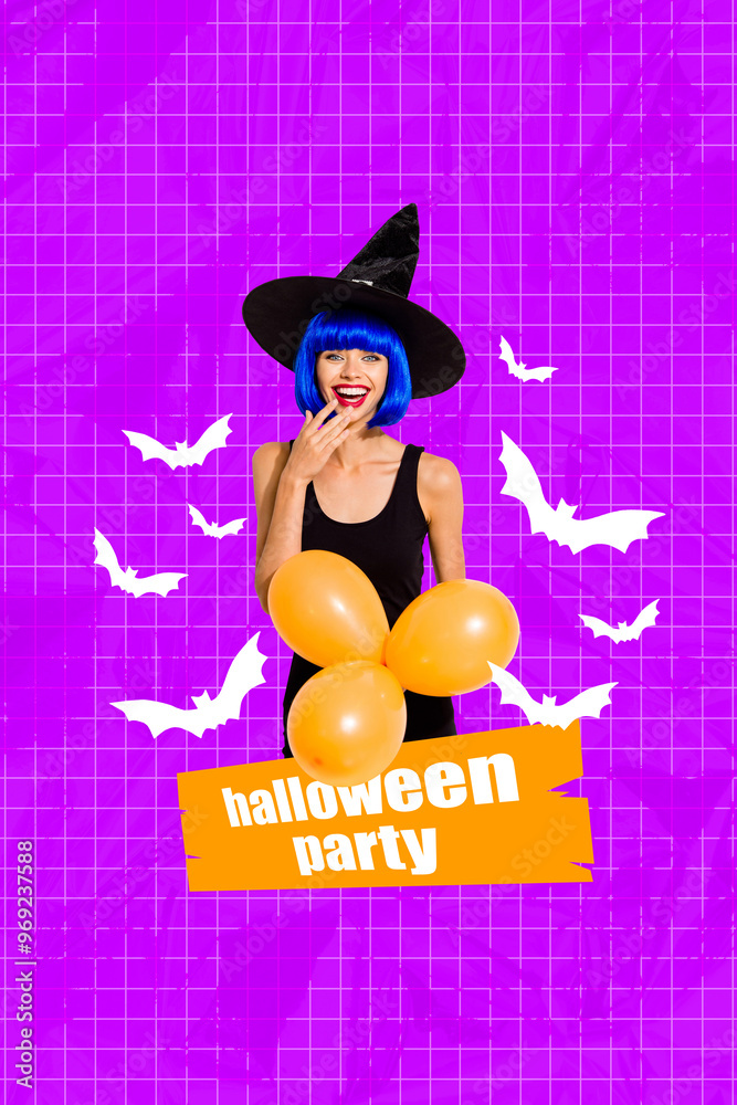 Vertical photo collage of happy witch girl wear blue wig hold air balloon halloween decor party bat isolated on painted background Vertical photo collage of happy witch girl wear blue wig hold air balloon halloween decor party bat isolated on painted background
