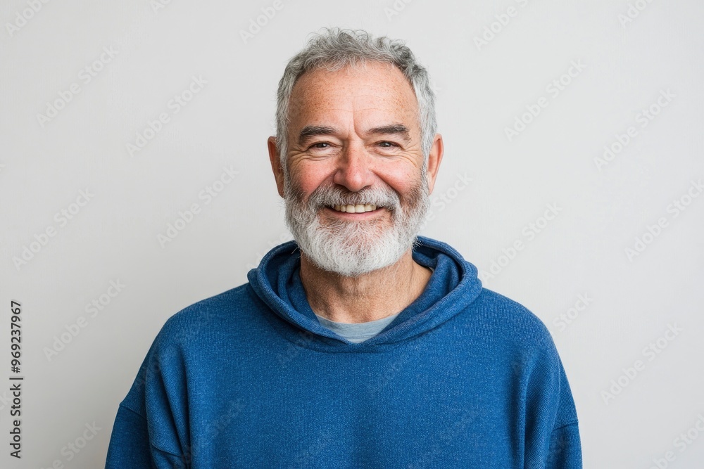 Happy mature old bearded man with dental smile, cool mid aged gray haired older senior hipster wearing blue sweatshirt standing isolated on white background looking at camera, with generative ai Happy mature old bearded man with dental smile, cool mid aged gray haired older senior hipster wearing blue sweatshirt standing isolated on white background looking at camera, with generative ai
