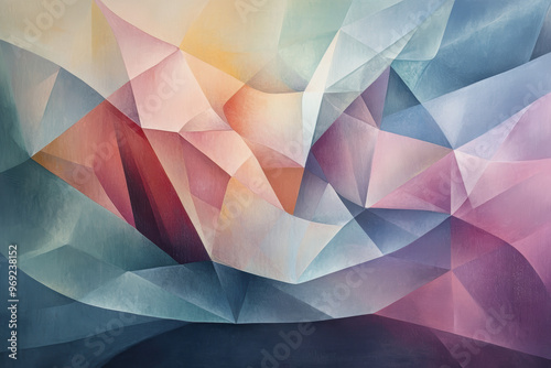 A cascade of geometric shapes in soft pastel hues creates serene atmosphere