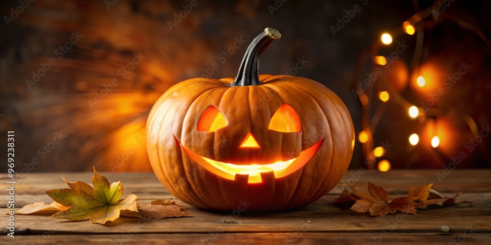 A carved pumpkin head radiates an eerie glow, its ornate eyes and mischievous grin perfect for haunting Halloween A carved pumpkin head radiates an eerie glow, its ornate eyes and mischievous grin perfect for haunting Halloween
