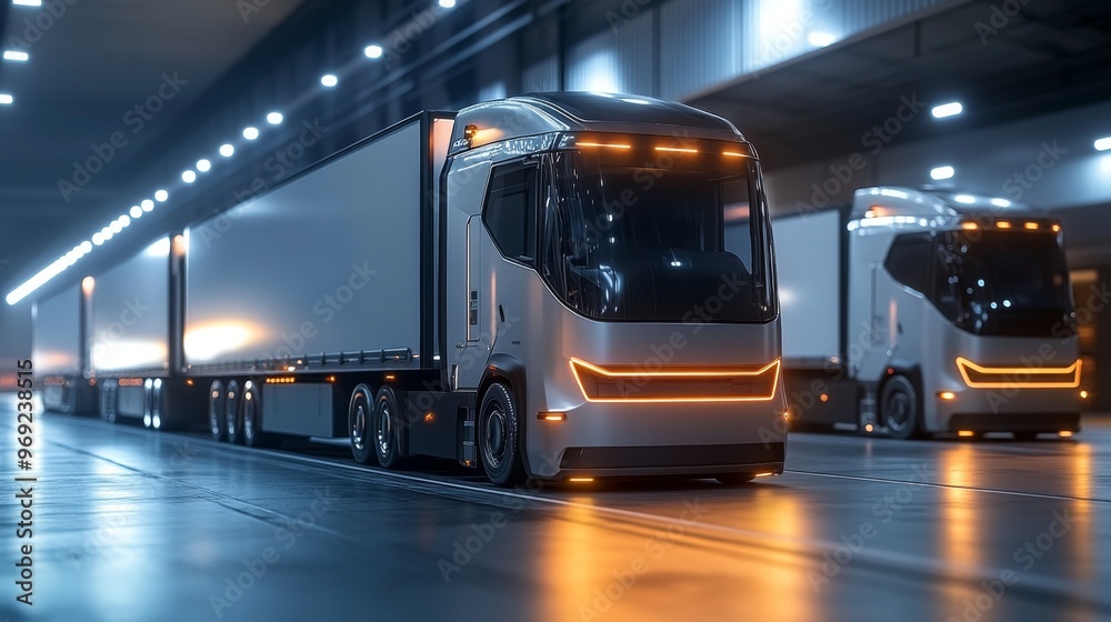 Self-driving delivery trucks operating in fully automated logistics centers: Autonomous trucks being loaded and dispatched by robotic systems.