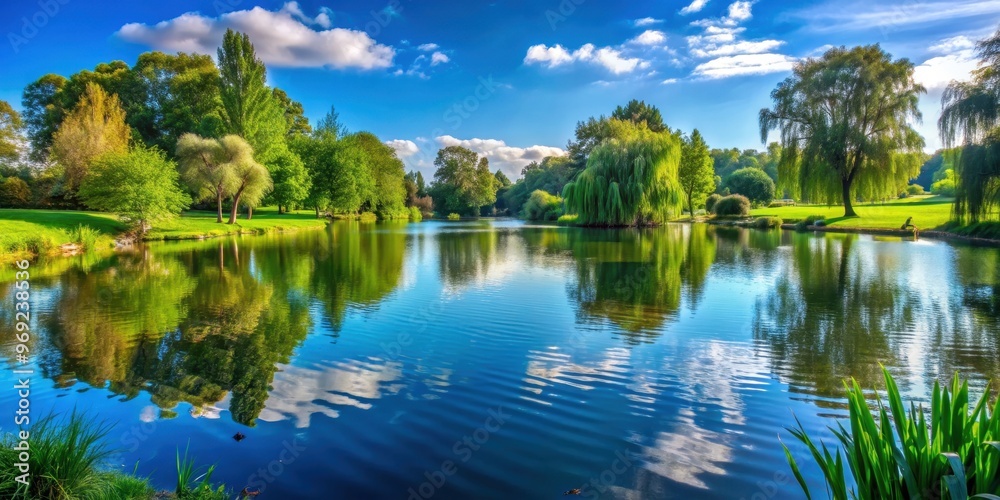 Obraz premium Tranquil lake nestled in a beautiful park setting, nature, water, reflection, serene, trees, greenery, peaceful