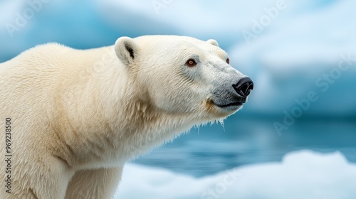 A polar bear is standing on a frozen lake