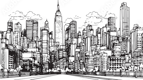 City landscape. Line urban backdrop. Skyline with clouds, different buildings on street, doodle street draw, outline cityscape hand sketch, flat houses. Hand drawn vector illustration	