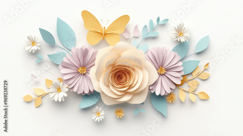 Wallpaper Mural A beautiful arrangement of paper flowers and leaves, featuring large cream rose, delicate purple daisies, and vibrant yellow butterfly. This artistic composition evokes sense of joy and creativity Torontodigital.ca