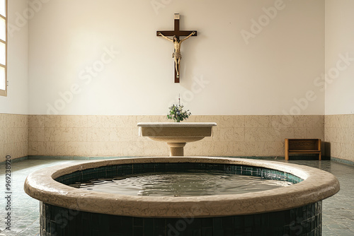 A serene interior of Catholic church featuring baptismal font and crucifix