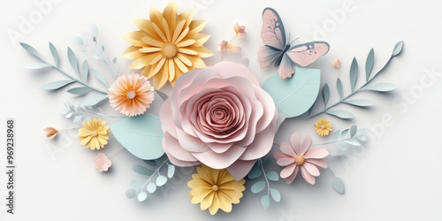 Wallpaper Mural Beautiful paper flowers and butterflies create vibrant, artistic composition. arrangement features large pink rose, yellow daisies, and delicate leaves, evoking sense of spring and creativity Torontodigital.ca