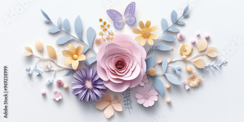 A beautiful arrangement of pastel colored flowers and leaves, featuring large pink rose, delicate butterflies, and various floral elements, creating serene and artistic composition