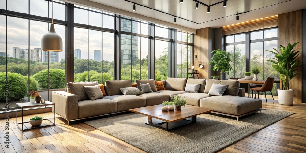 Contemporary living room with open layout featuring a sectional sofa and large windows, modern Contemporary living room with open layout featuring a sectional sofa and large windows, modern