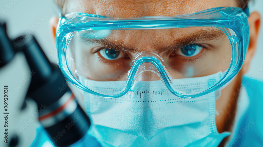 Technician wearing safety goggles analyzing product samples under a microscope, product inspection, precision in quality control Technician wearing safety goggles analyzing product samples under a microscope, product inspection, precision in quality control