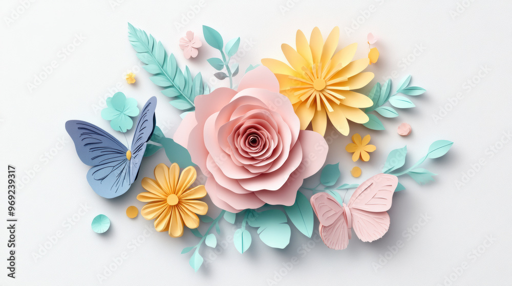 Beautiful paper flowers and butterflies create vibrant, artistic composition. pastel colors and intricate details evoke sense of joy and creativity, perfect for spring themes Beautiful paper flowers and butterflies create vibrant, artistic composition. pastel colors and intricate details evoke sense of joy and creativity, perfect for spring themes