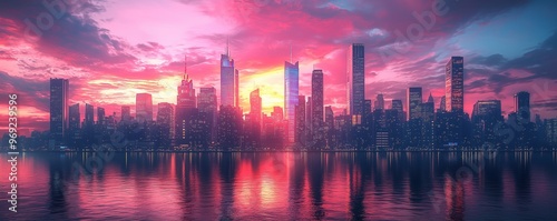 Stunning city skyline at sunset, showcasing vibrant colors reflected in the water, perfect for urban or travel themes.