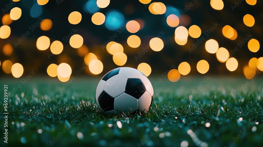 Naklejka premium A soccer ball rests on lush green grass with dynamic bokeh lights in the background, setting the scene for an energetic sports event.