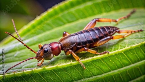 A dark brown earwig perches on a leaf, its pincers at the ready and antennae twitching as it