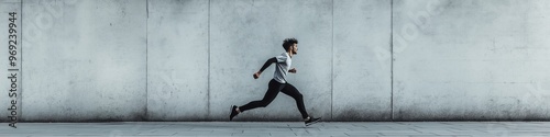 A man runs on a sidewalk in front of a wall. The wall is covered in a pattern of small dots