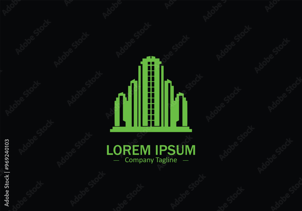 Minimal abstract logo of green building icon vector design against black background Minimal abstract logo of green building icon vector design against black background