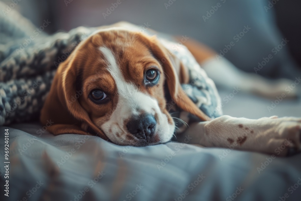 Beagle puppy with very sad eyes which is lying on the sofa, wrapped in a warm blanket, he is sick or injured and needs help, he looks pitifully at the camera. Veterinary care or animal shelter concept Beagle puppy with very sad eyes which is lying on the sofa, wrapped in a warm blanket, he is sick or injured and needs help, he looks pitifully at the camera. Veterinary care or animal shelter concept