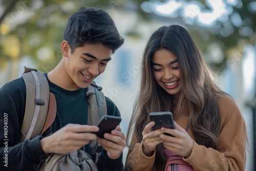 Two young people are smiling and looking at their cell phones. They are both wearing backpacks. Scene is happy and relaxed