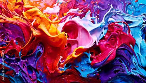 An explosion of vibrant colors splashes across the canvas, creating a dynamic and energetic composition. The thick, textured paint swirls in a mesmerizing mix of red, blue, purple, and yellow