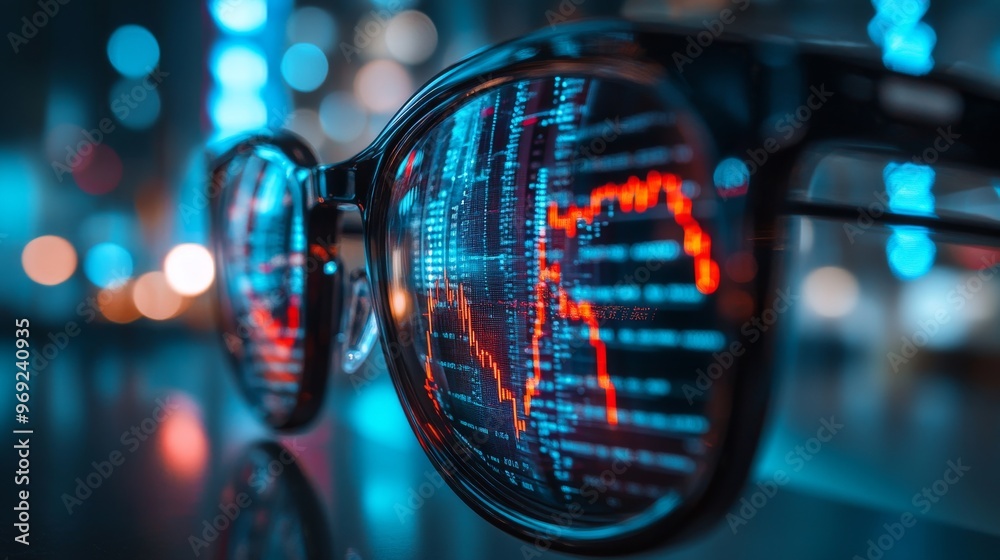 Futuristic AI-driven smart glasses projecting real-time stock market data: Glasses that display stock trends and market updates directly in the user's view. Futuristic AI-driven smart glasses projecting real-time stock market data: Glasses that display stock trends and market updates directly in the user's view.