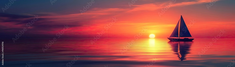 A silhouette of a sailboat on the horizon, drifting on calm waters with a sunset in the distance A silhouette of a sailboat on the horizon, drifting on calm waters with a sunset in the distance