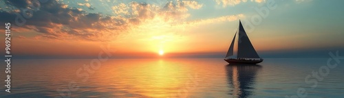A silhouette of a sailboat on the horizon, drifting on calm waters with a sunset in the distance