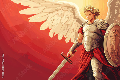 A powerful illustration of Archangel Michael with wings and armor, exuding strength and courage photo