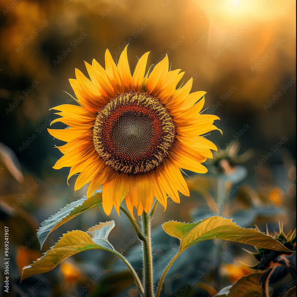 Fototapeta premium Sunflower in Full Bloom Against a Warm Sunset Background in a Summer Field