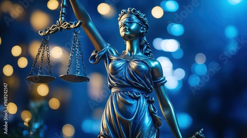 Symbol of Justice: A Stunning Representation of Blind Justice with Scales Under Ethereal Blue Lights