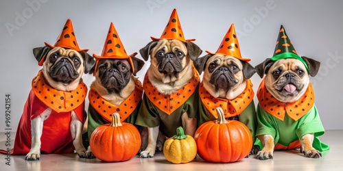 Adorable pug dogs don festive Halloween attire, transforming into witches, monsters, and superheroes to haunt the photo