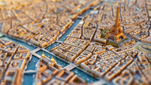 Aerial view of Paris with the Eiffel Tower and the Seine River. photo