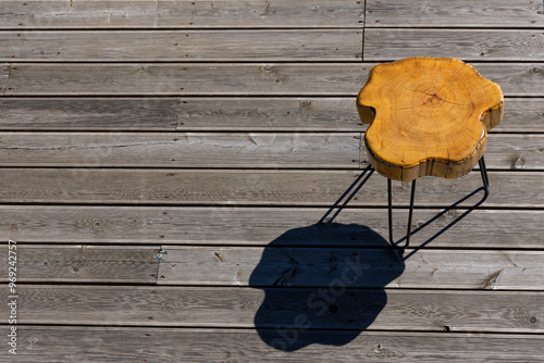 Obraz na płótnie A coffe table made of a light wood trunk against the background of wooden terrace boards. The tree rings of the trunk are clearly visible. A shot of the table from above, taken on a sunny day. w salonie