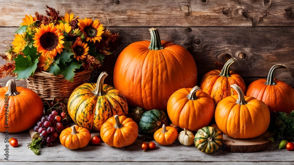 A cozy wooden table adorned with a variety of pumpkins and autumn decorations, capturing the essence of October. A cozy wooden table adorned with a variety of pumpkins and autumn decorations, capturing the essence of October.