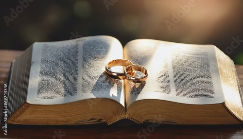 Wedding Rings on an Open Bible in Soft Morning Light
