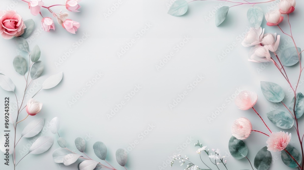 Delicate floral arrangement, pink and green hues, elegantly framing a soft backdrop, evoking tranquility and natures beauty, perfect for invitations or serene decor. Delicate floral arrangement, pink and green hues, elegantly framing a soft backdrop, evoking tranquility and natures beauty, perfect for invitations or serene decor.