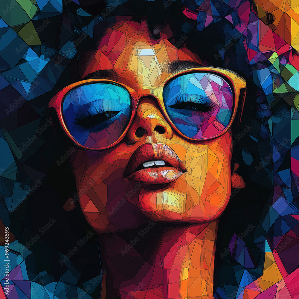 A woman with a colorful face and sunglasses. The image is a piece of art that captures the essence of a woman wearing sunglasses A woman with a colorful face and sunglasses. The image is a piece of art that captures the essence of a woman wearing sunglasses