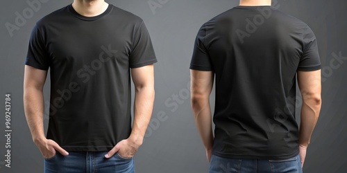 Black men's t-shirt mockup in front and back view , Mockup, Black, Men's, T-shirt, Front view, Back view, Fashion, Clothing