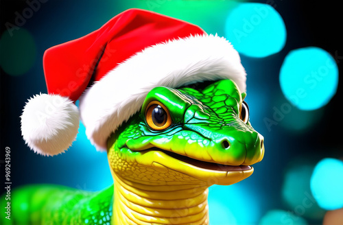 A green cheerful snake in a Santa hat on a bokeh background. The symbol of the year 2025. New Year card.