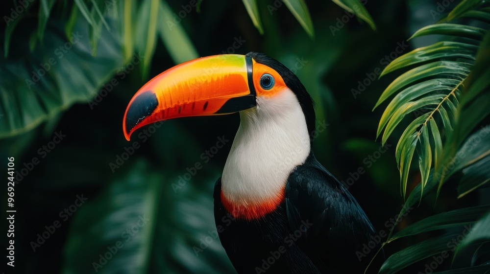 A colorful bird with a long beak stands in a lush green forest A colorful bird with a long beak stands in a lush green forest